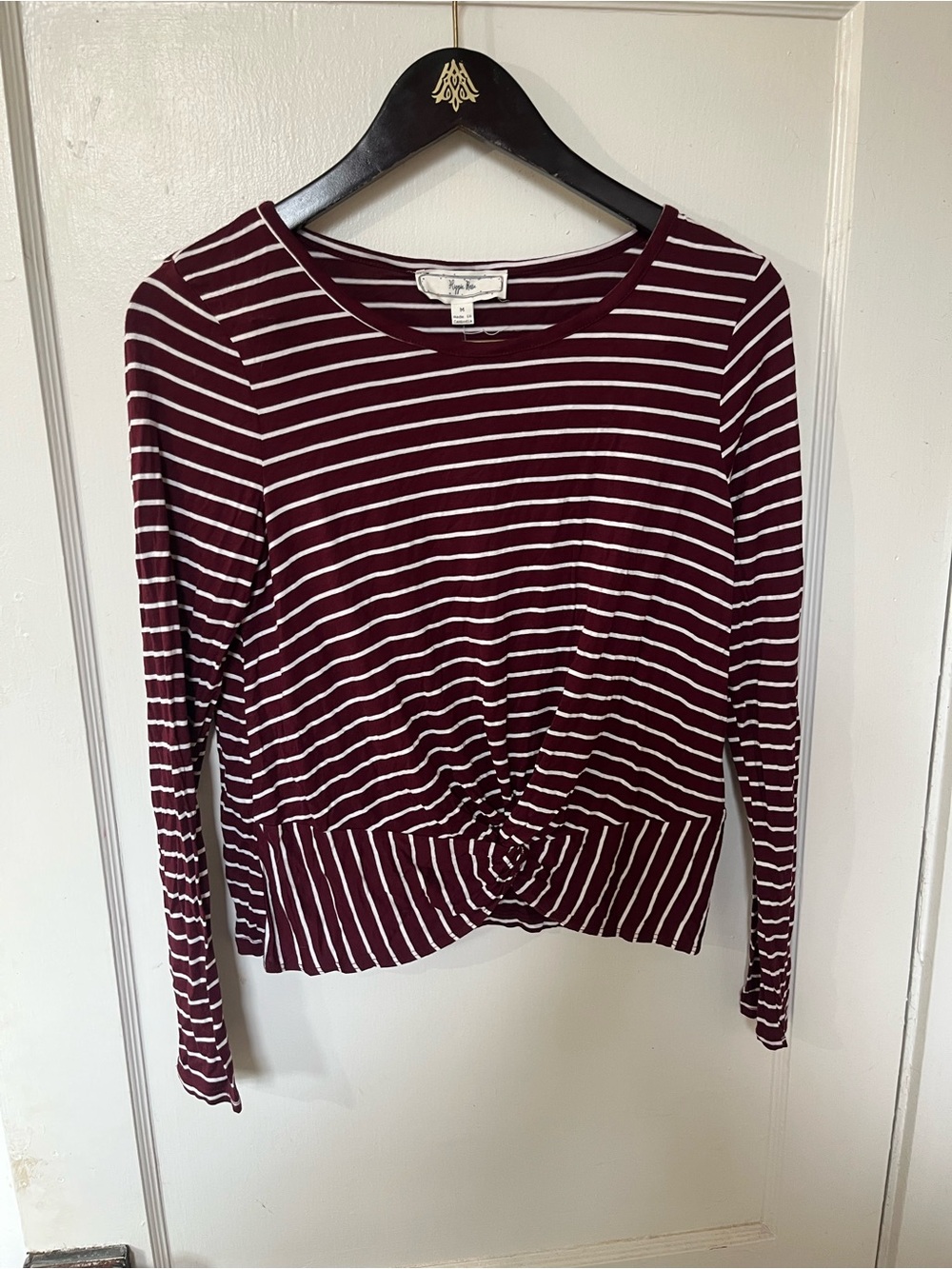 Hippie Rose Burgundy Striped Long Sleeve Twist Front Crop Top NWT M Maroon Tee